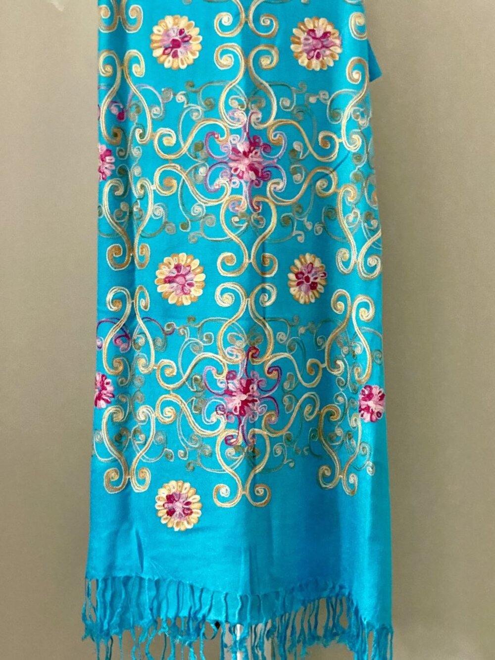 Embroidered Floral Scarf with fringe